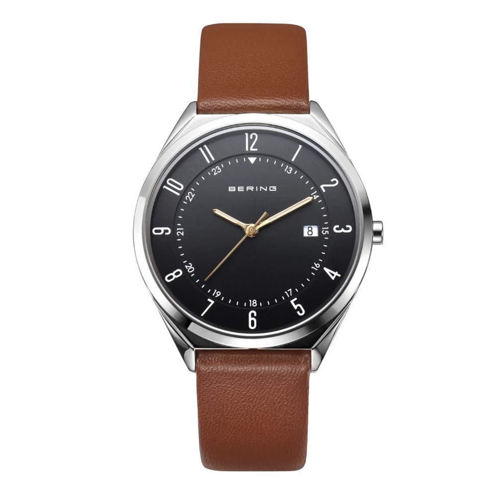 

[Officially Imported in Japan] BERING Men s Unisex Ultra Slim Watch, Black Dial with Brown Leather Strap, Sapphire Crystal, Scratch-Resistant 316L Sur