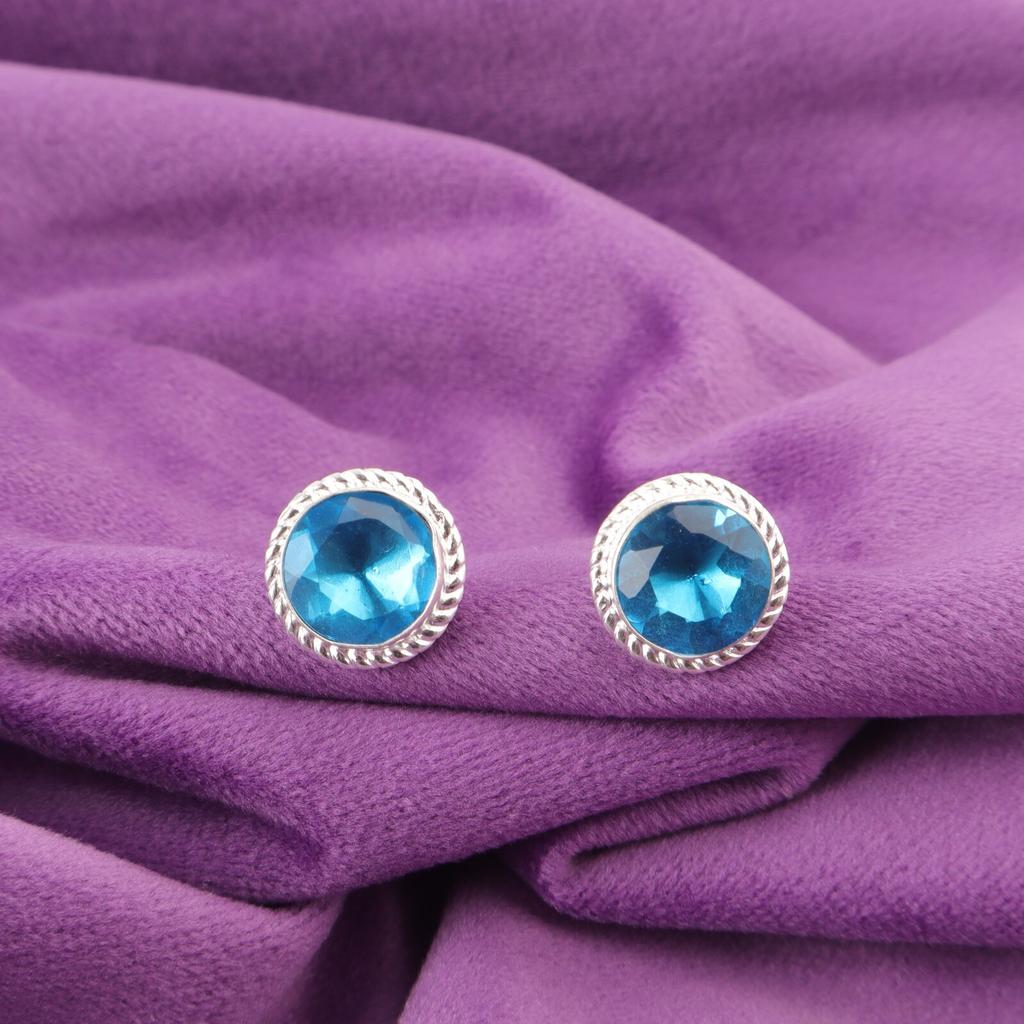 Round Natural Swiss Blue Topaz 925 Sterling Silver Wife Gift Stud Post Earrings EE-147-5