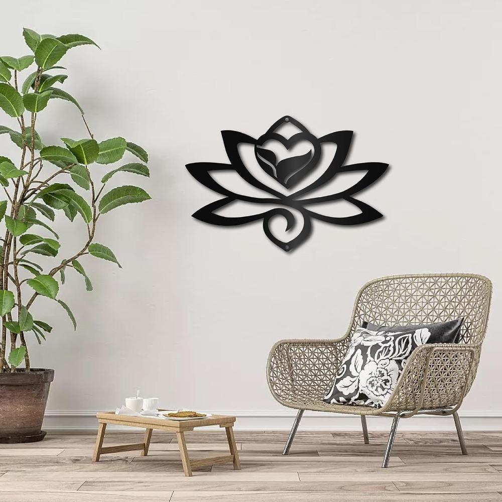Lotus Metal Wall Art Black Decor Iron Sculpture Hollow Out Minimalist Ornament for Yoga Garden Home Balcony Outdoor