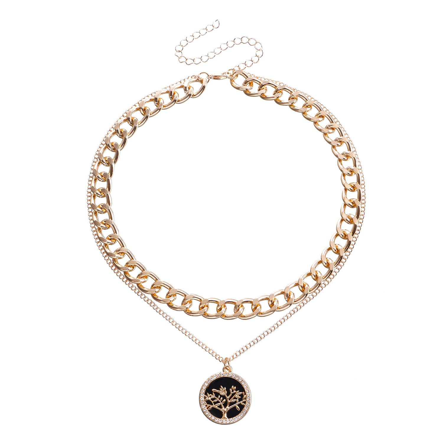 

Double-layer thick aluminum chain geometric round diamond-encrusted tree of life black and white fritillary pendant necklace trendy cool versatile