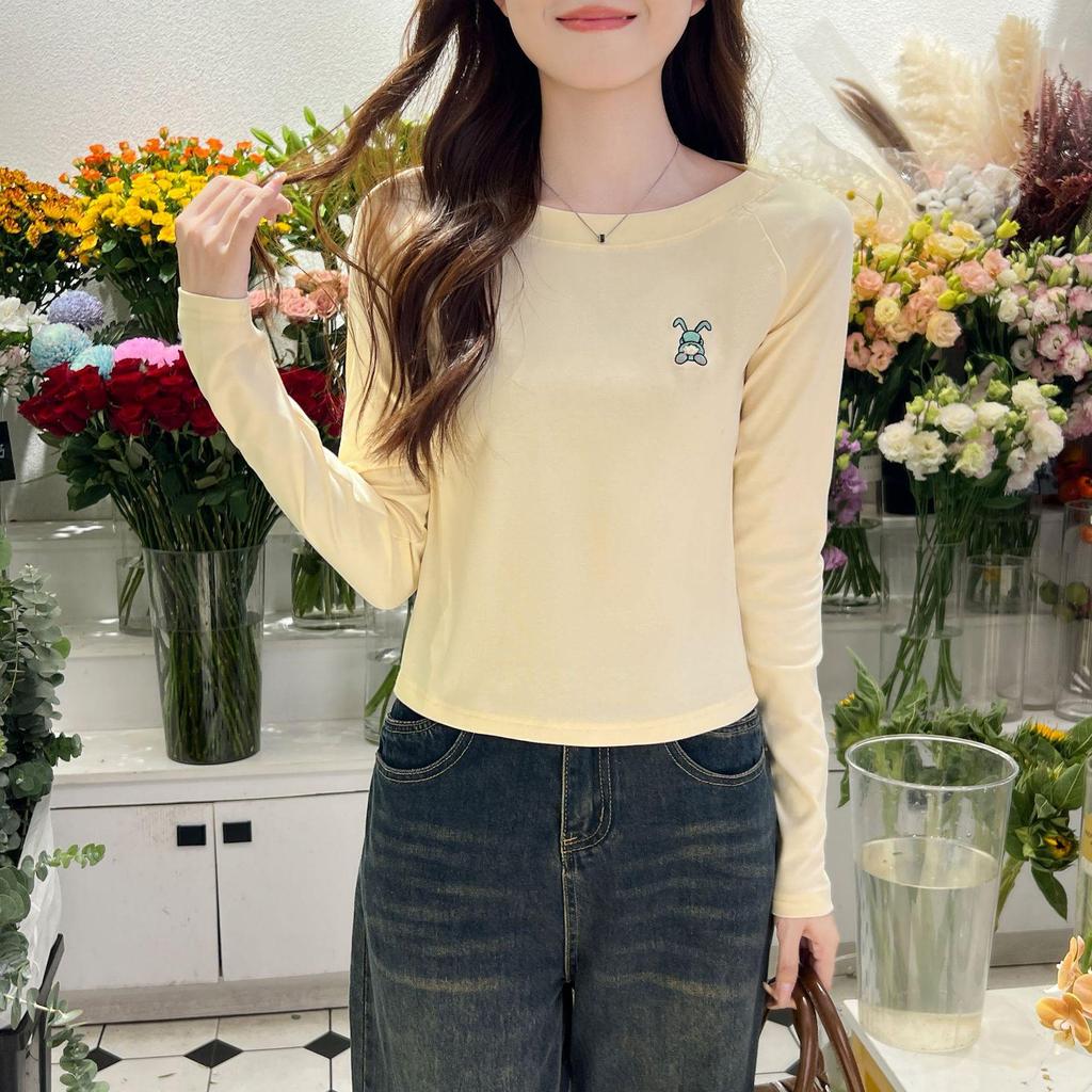 Damen 2024 Herbst Slim Fit Baumwolle Langarm Rundhals Besticktes Oberteil