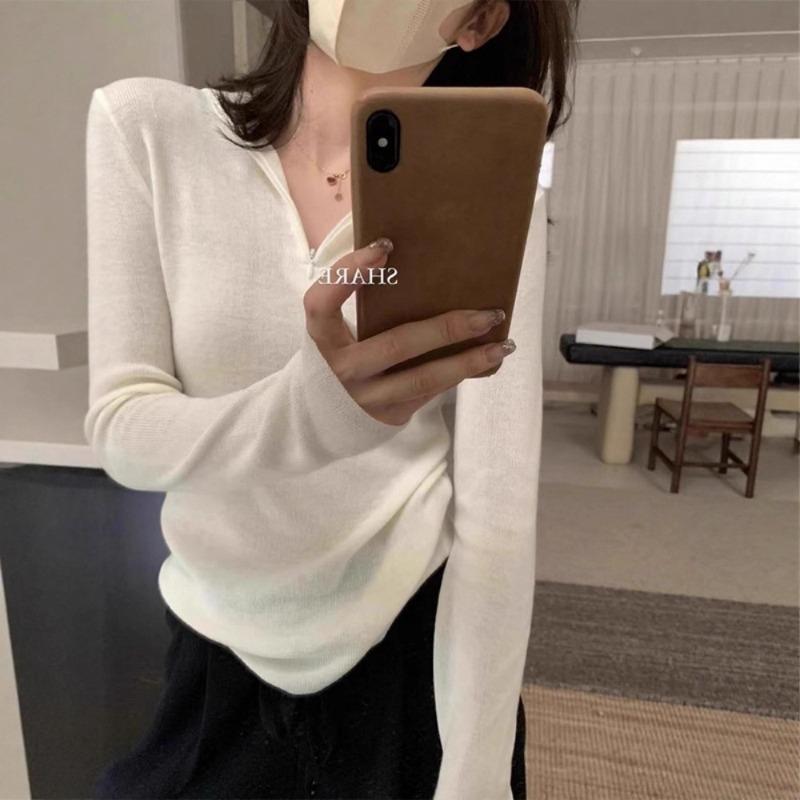 Half-zipper hooded bottomed knitted sweater for women's autumn and winter, long-sleeved sweater and slim-fit top