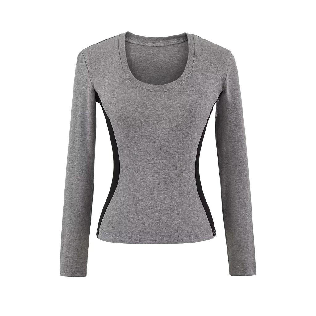 Four Color Autumn Women'S Clothing New Style Spliced Small Round Neck Base Shirt Contrasting Color Top Tight T-Shirt