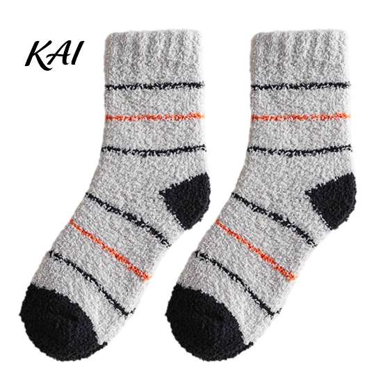 Thickened Thermal Floor Socks Coral Fleece for Men, Striped Mid-calf Socks, Soft Cold Weather Comfort Fuzzy Crew Winter, Warm Home Breathable Velvet