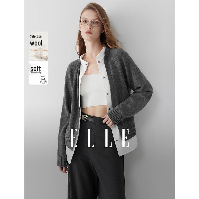 ELLE Women s Faux Two-Piece Merino Wool Knit Cardigan M
