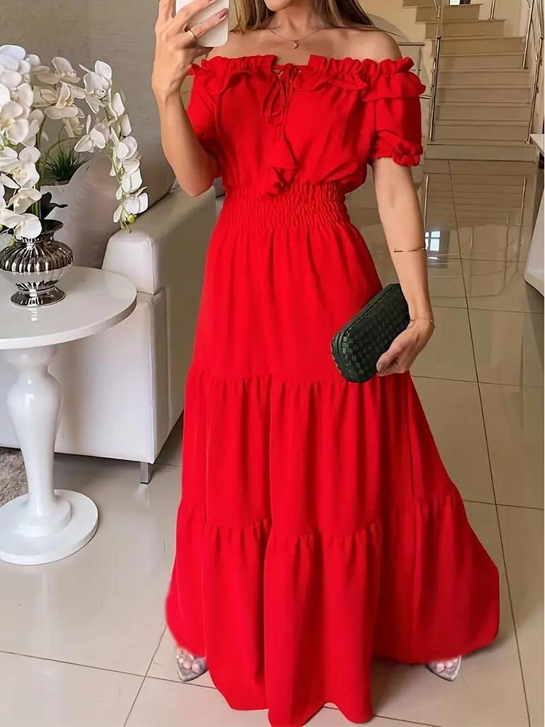 2025 Euro-American Trendy Off-Shoulder Ruffle Puff Sleeve Lace-Up Dress for Women