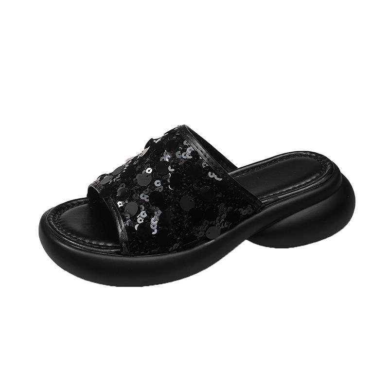 Soft Sole Boost Platform Slippers Summer Fashion Outer Wear Round Toe Open Toe Sequin Platform Slip Sandals