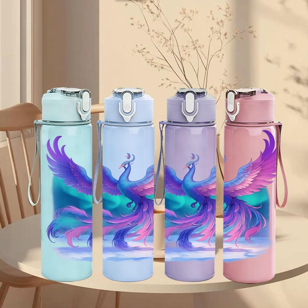 1PC Gradient Phoenix Bird Fantasy Art Print 750ml Color Plastic Sports Water Bottle Leakproof Flip Straw Lid Suitable for Sports Office Home Use