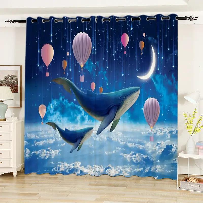 2 szt. Zasłony z motywem oceanu i wzorem ryb, dekoracyjne zasłony okienne z tunelem na karnisz, dekoracje okienne do sypialni, salonu, wystroju domu