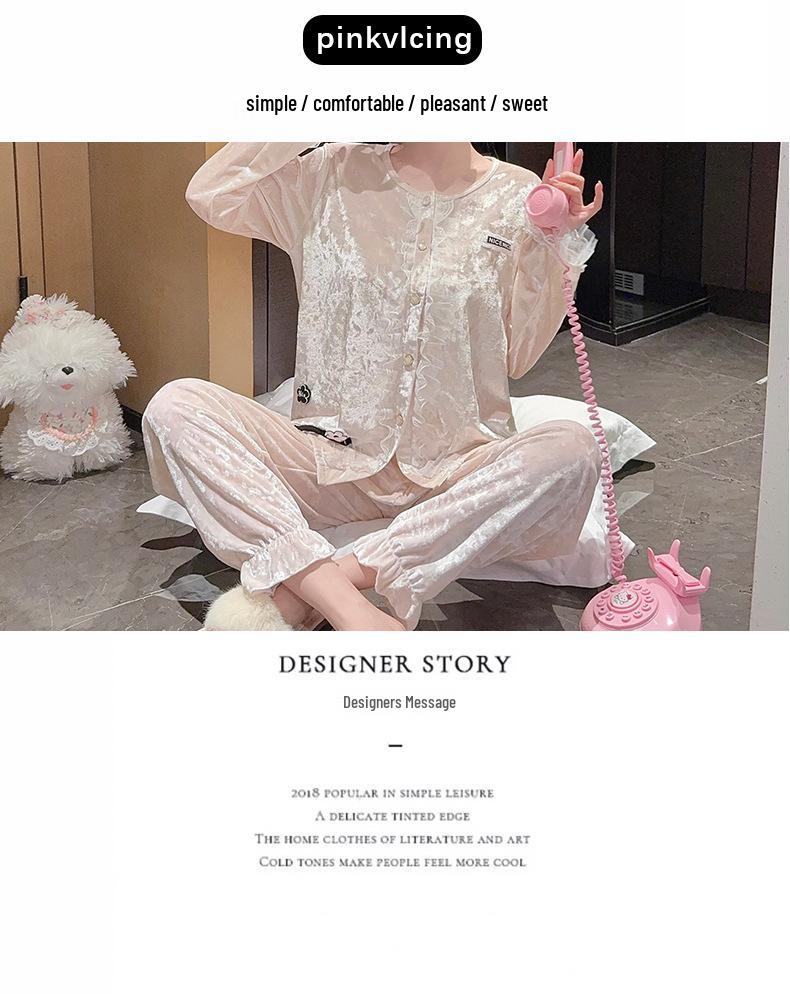 Luxurious Women's Long-Sleeve Gold Velvet Pajama Set