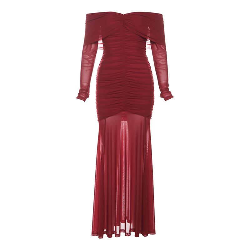 Autumn and Winter New Women s Clothing Solid Color Temperament Sexy One-word Collar High Waist Waist Dress Women S бордовый