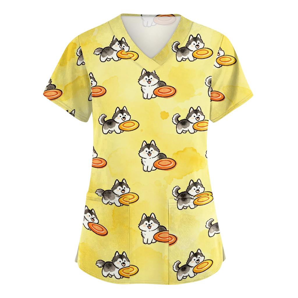 Women's V Neck Short Sleeve Work Top with Pockets Animal Print Medical Scrub Shirt for Healthcare Professionals Nursing Uniform