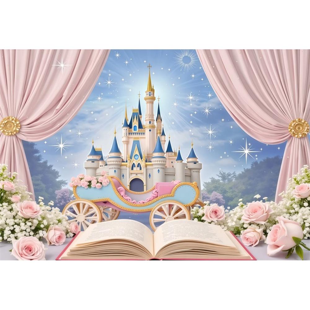 Dreamy Castle Photography Background Pink Balloon Curtain Flower Carriage Girl Birthday Bride Wedding Party Decor Photo Backdrop