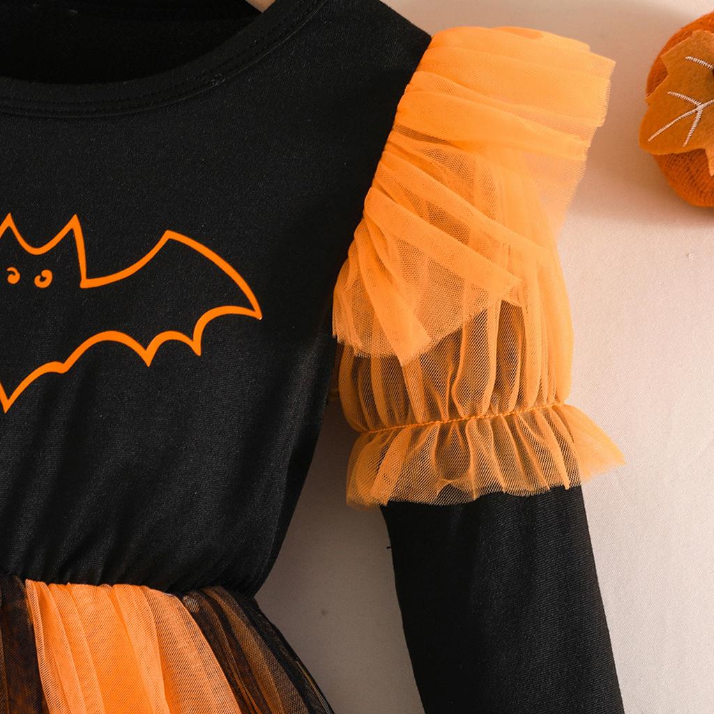 Toddler Girls Long Sleeve Halloween Dress with Pumpkin Print Puffy for Party