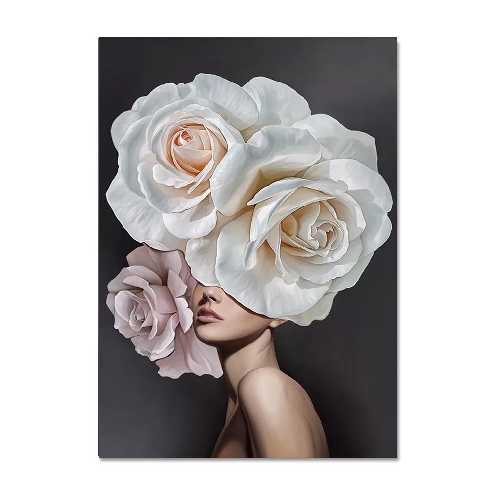 Nordic Home Decorative Poster Women with Rose Flowers Head Wall Art Canvas Painting Modern Interior Living Room Decor No Frame