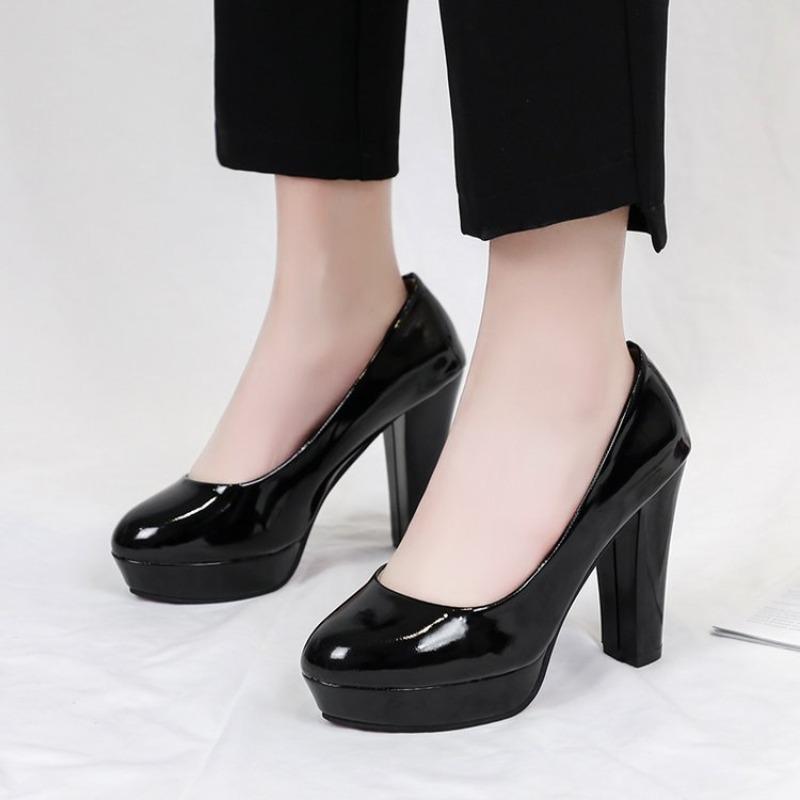 Four Seasons Dress Work Women's Shoes Large Size Black High Heels Etiquette Round Head Thick Heel Professional Shoes 10cm (New)