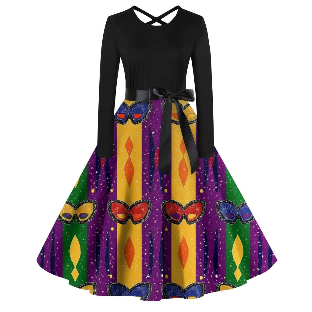 Women's Casual Print O-neck Pullover High Waist Long Sleeve Dress