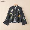 ZANZEA Women Casual Stand Collar Loose Long Sleeve Floral Blouse