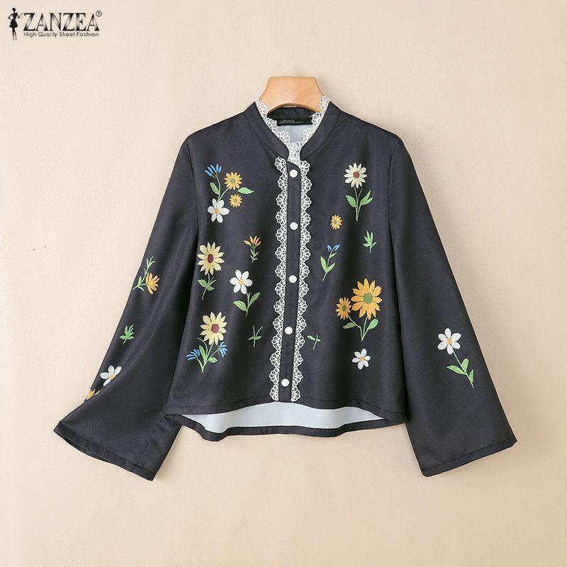 ZANZEA Women Casual Stand Collar Loose Long Sleeve Floral Blouse