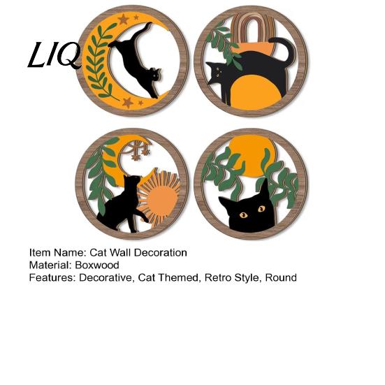 Artistic Cat Wall Piece 4Pcs 3D Boho Decoration, Round Wooden Hangings, Animal Star Sun Moon Layered Wood Hanging Botanical Decor, Plaque for