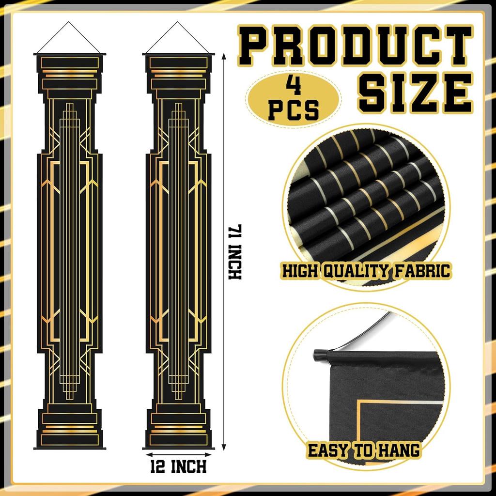 4 Pcs Roaring 20s Party Decorations Black and Gold Column Door Porch Banner 1920s Hanging Banner Speakeasy Awards Wedding Decorations Supplies