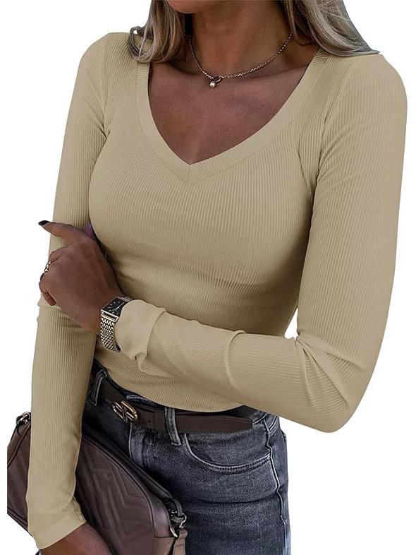 New Style Ribbed Texture Slim Fit V-neck Casual Women's Long Sleeve T-shirt