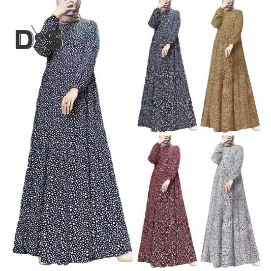 Women Maxi Dress O Neck Long Sleeve Loose A Line Big Hem Dot Print Vintage Soft Patchwork Dubai Turkey Abaya Long Robe Dress