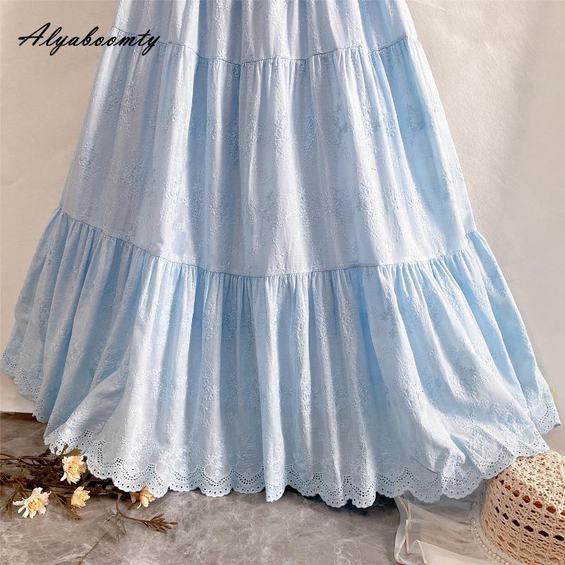 Prairie Chic Frühling Sommer Damen Blauer Midi-Rock Hohe Taille Ausgeschnitten Stickerei Rock Elegant Feminin Baumwolle Süße Röcke Damen