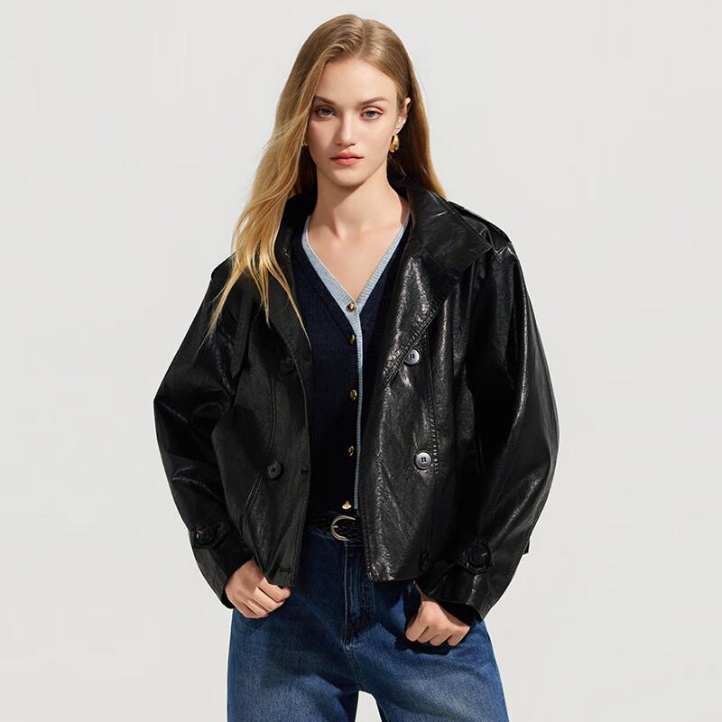Ta Tu Women's Loose-fit Stand Collar Short PU Leather Jacket