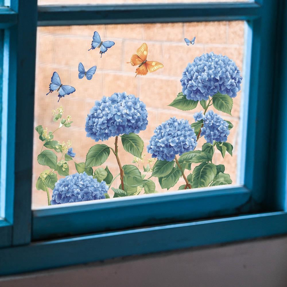 Hydrangea Butterfly Glass Window Home Beautification and Decoration Window Stickers Uv Static Electricity