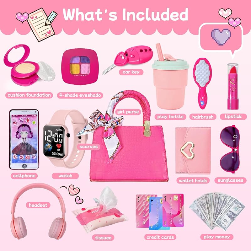 Little Girl's Wallet Pretend Play Makeup Set for Toddlers and Kids - Handbag, Pretend Play Headset, Wallet, Phone, Birthday Gift for Girls Ages 3 and