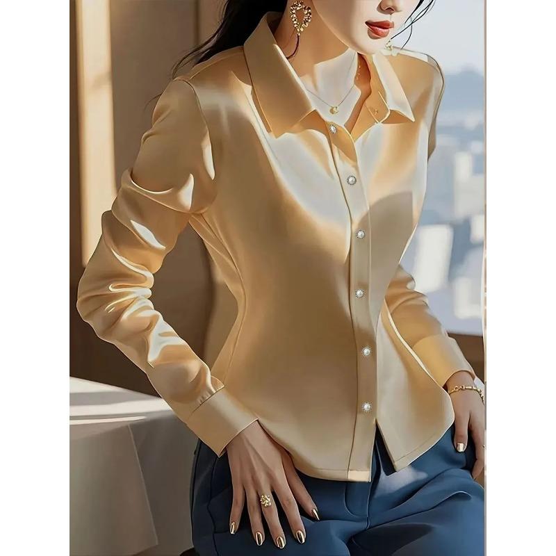 Champagne Satin Long-sleeved Shirt for Women Autumn New Style Light Luxury High-end Fashionable Top