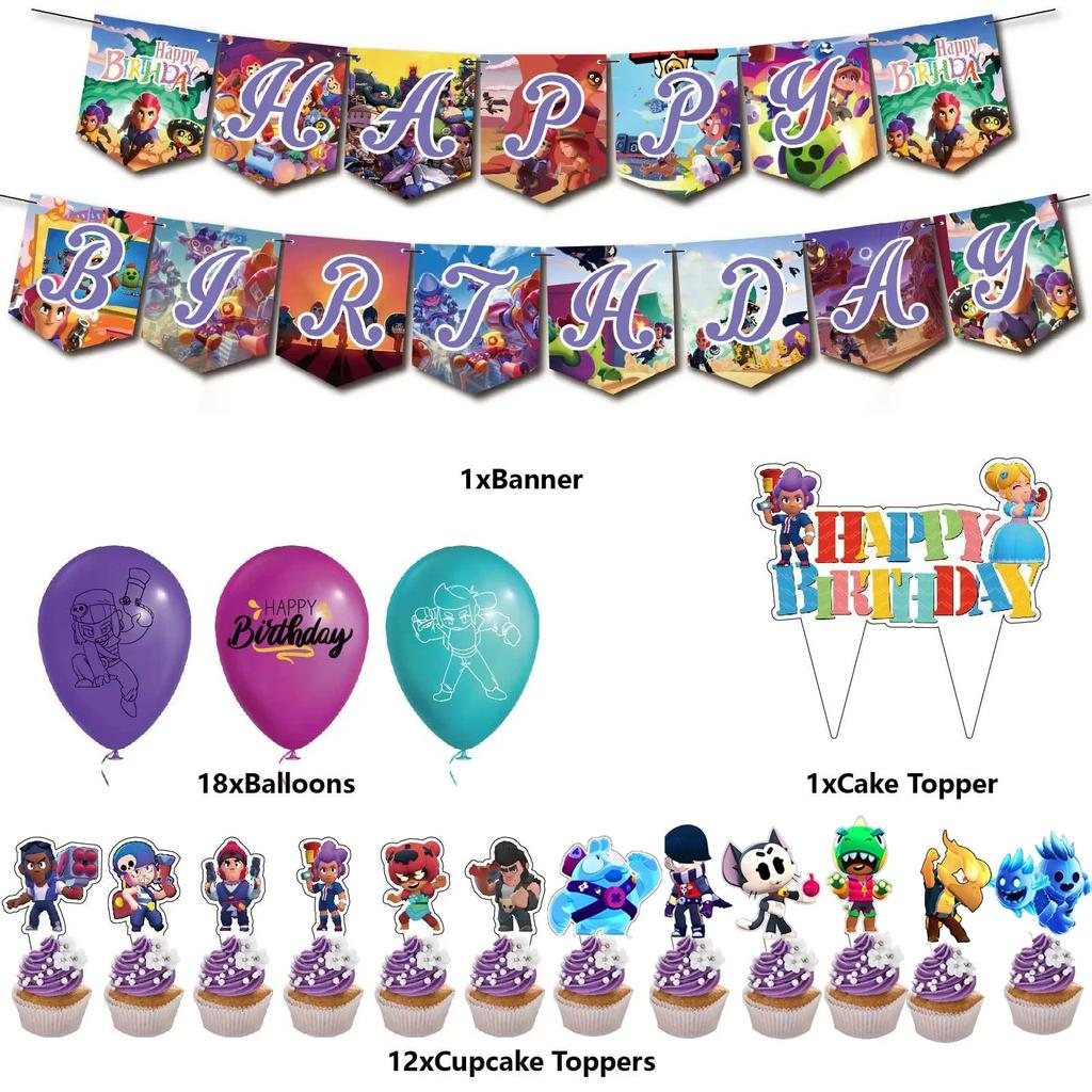 Anime Game Theme Party Supplies Flag Pull Banner Cake Topper Balloon Set Kid Girl Boy Happy Birthday Party Baby Shower Decor