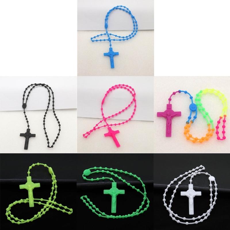 Fashion Rosary Beads Cross Pendant Necklace Women Link Chain Plastic Material Necklace Girl Religious Jewelry Party Gift