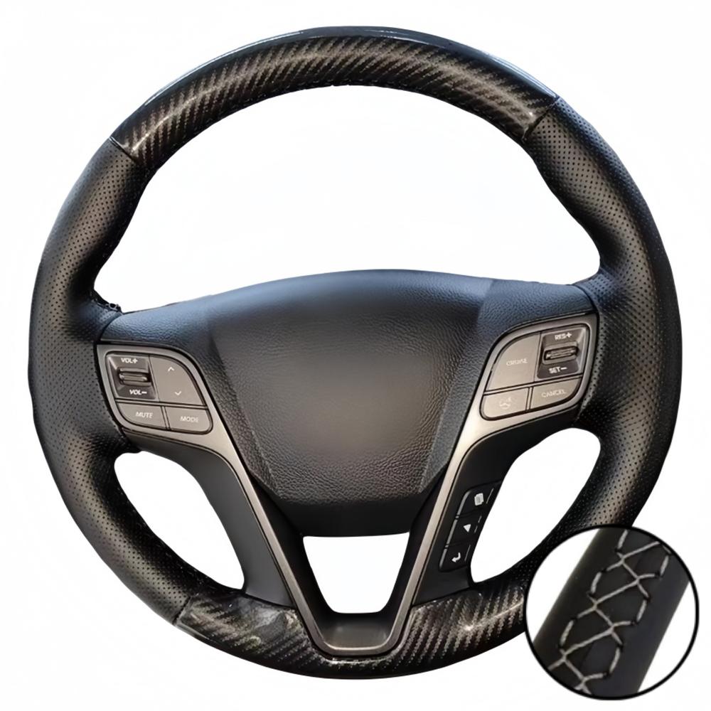 Hand Stitched Black Perforated Non-slip Carbon Fiber Leather 2013-2015 IX45 Steering Wheel Cover For Hyundai Santa Fe