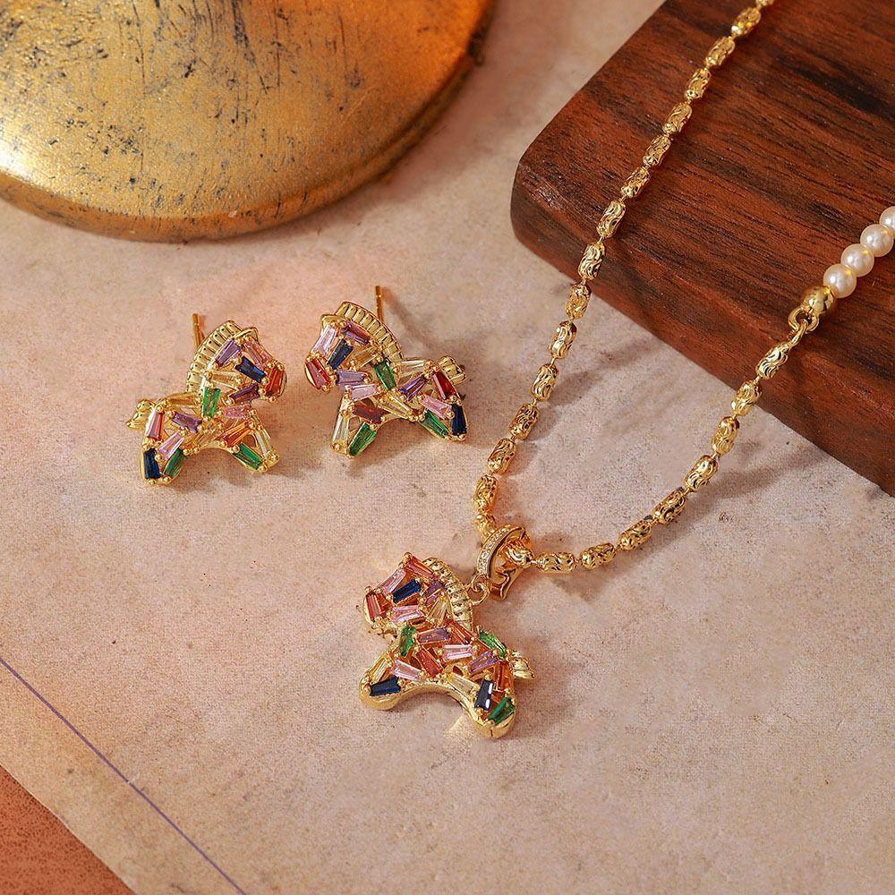 Copper New Year Pony Jewelry Set Good Luck Vintage Zircon Earrings Necklace  Girls