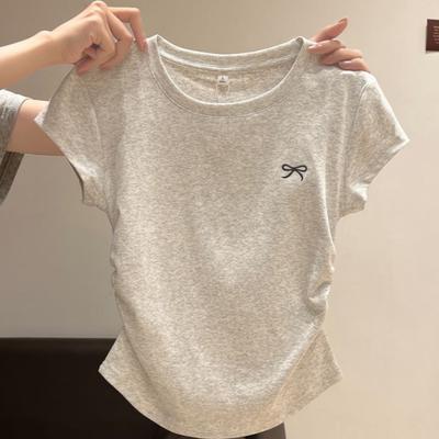 Sweet and Pure Desire Shoulder Short Sleeved T-shirt for Women, Embroidered with Bow, Spring and Summer Version Pleated Waist Cinching Short Top