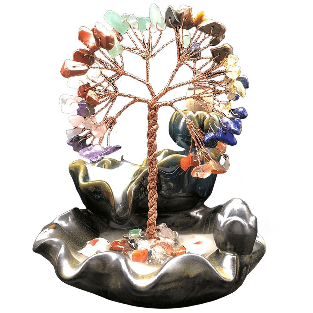 7 Chakra Baum Geldbaum Aschenbecher Heimdeko Wasserfall Brenner mit Heilkristallstein Feng Shui Dekoration für Wohlstand Glück