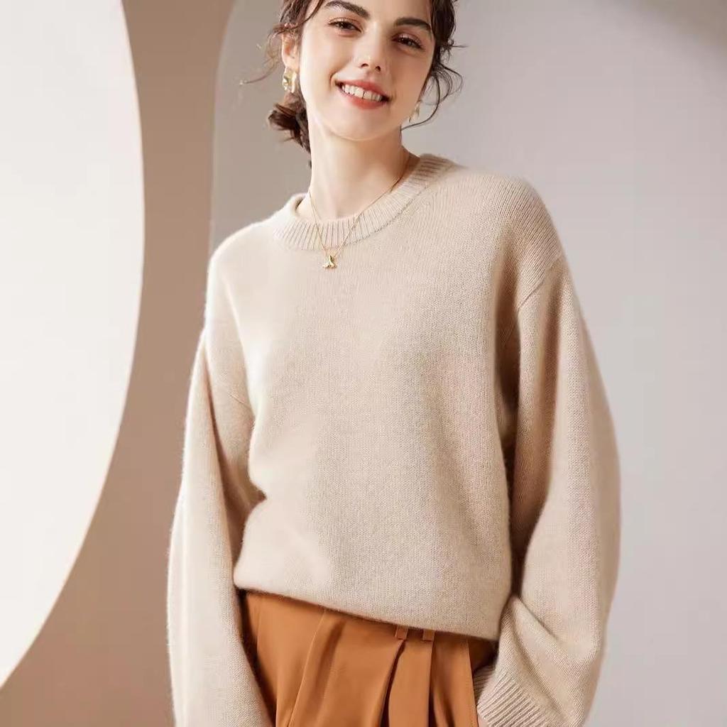 Women's Fashion Thickened Pure Cashmere Round Neck Sweater - Autumn/Winter Loose Fit Base Layer