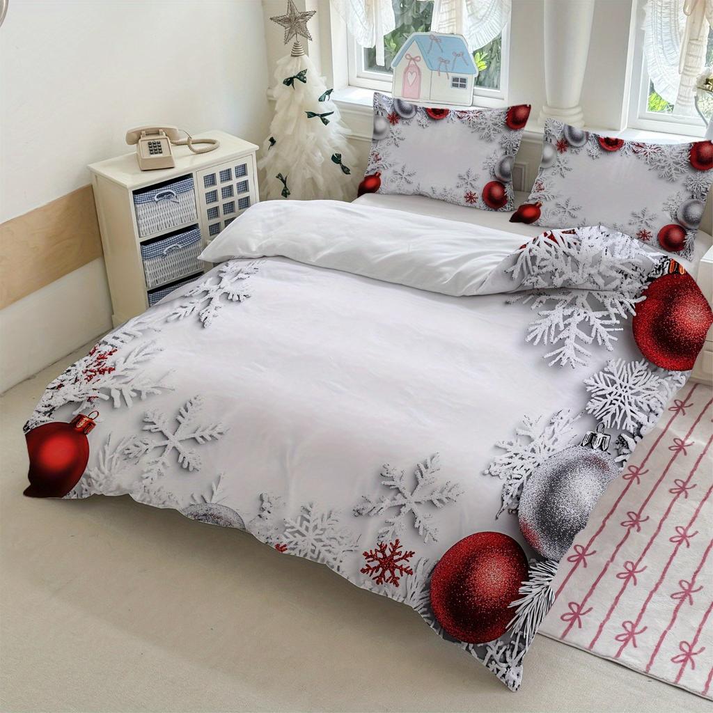 3pcs Christmas Snowflake Bedding Set White with Red and Silvery Ornaments (1Duvet Cover + 2Pillowcase, Without Core) for Winter