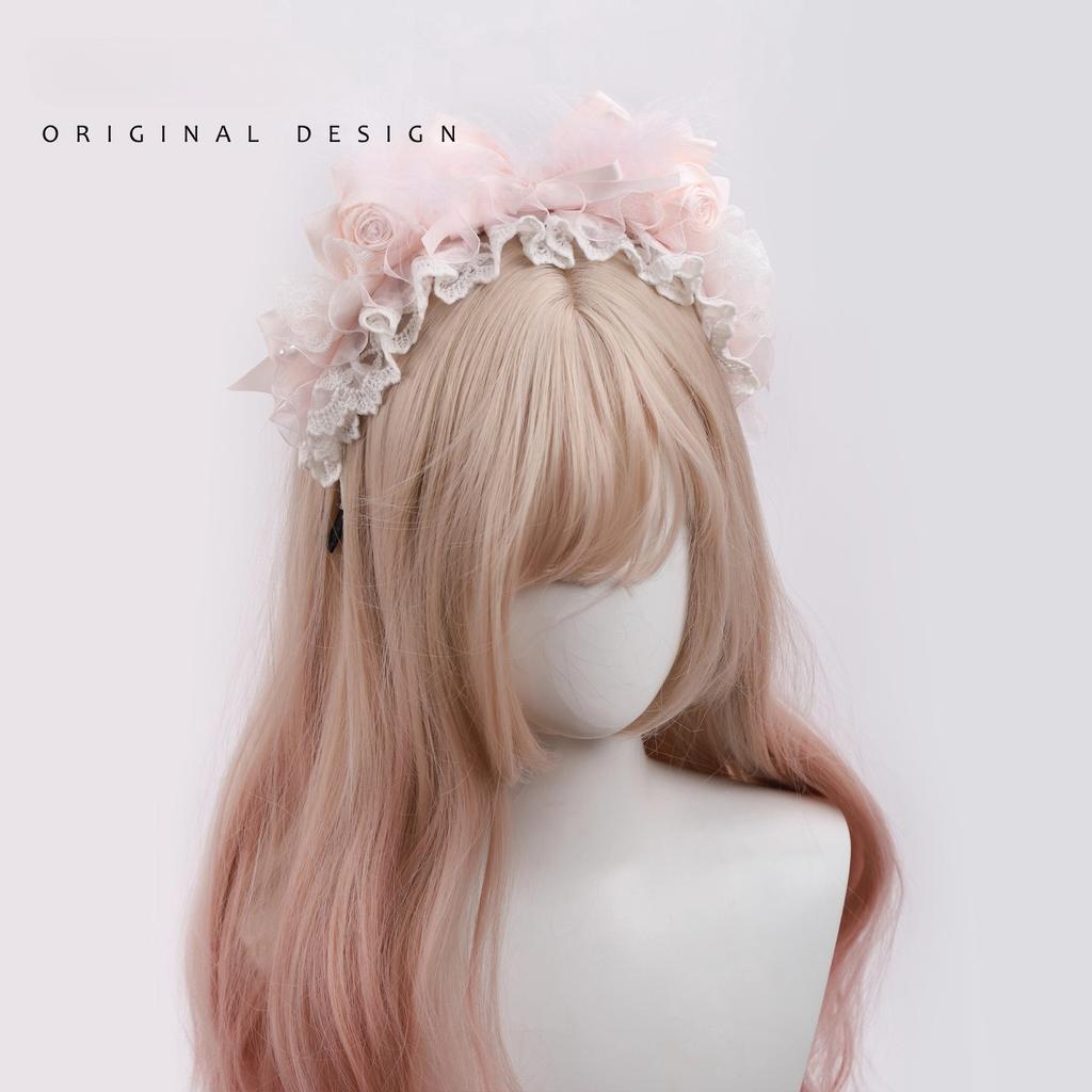 Handmade Small Sweet Lolita Accessories Milk Color Rose Heart Bow Flat Hat KC Lace Headband Top Hats