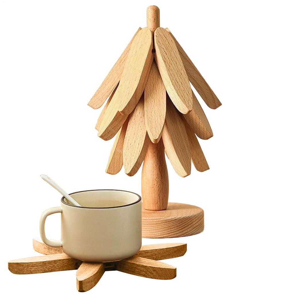 4 Tripods and 1 Bracket Wooden Trivets for Hot Dishes Folding Tree Shape Black Walnut Table Mat Holders Heat Insulated Pad Set