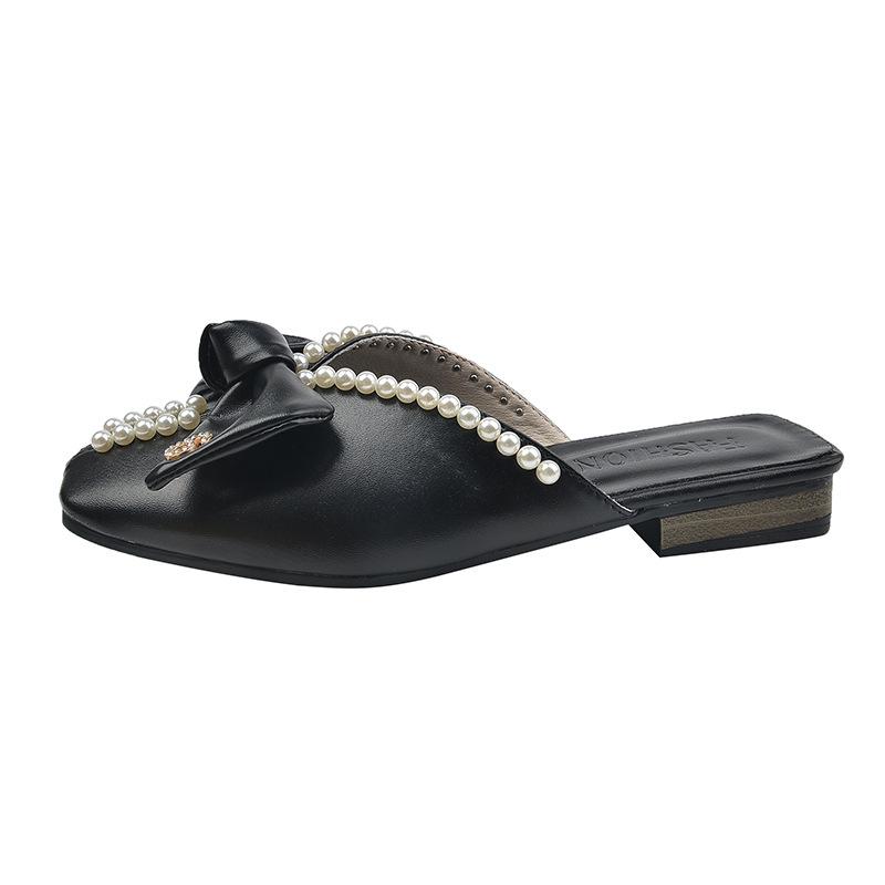 

Wrapped toe half slippers women wear 2025 new Korean bow pearl flat soft-soled fish mouth slippers in summer 40
