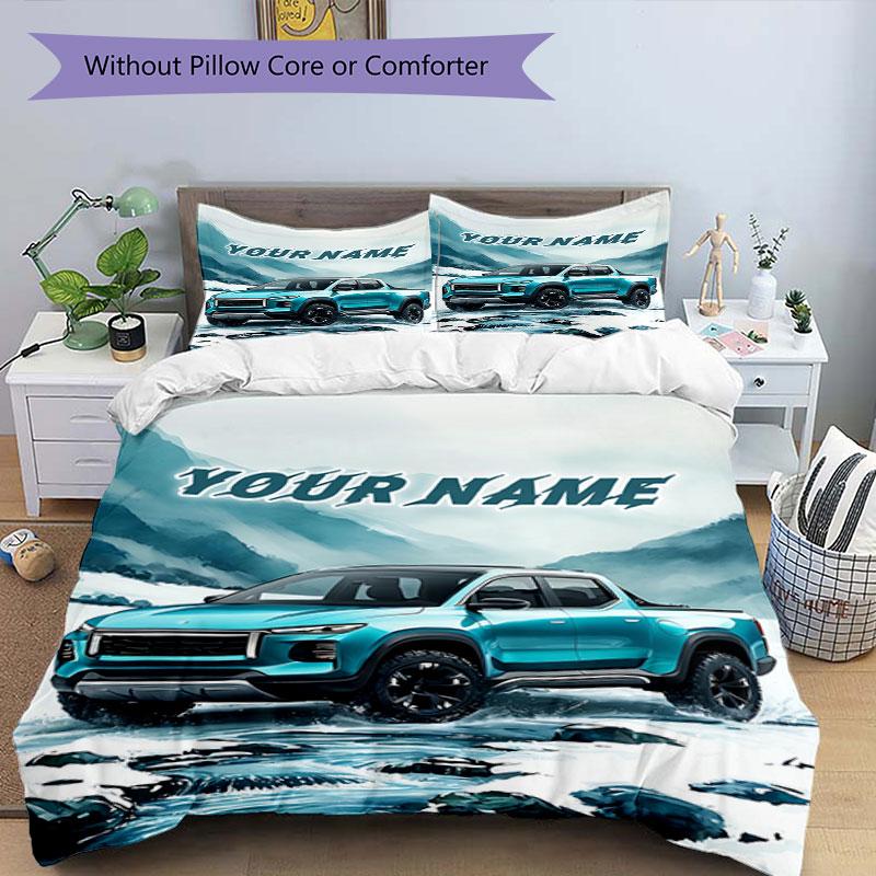 3PC Custom Name Blue Pickup Snowy Landscape Bedding Set Duvet Cover Closure Includes 1 Duvet Cover & 2 Pillowcases for Bedroom