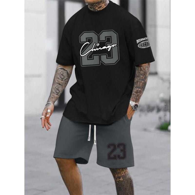 Men's Short Sleeve Shorts 2-Piece Tracksuit Fashion 23 Digital Printed Crewneck T-Shirt and Drawstring Shorts Set
