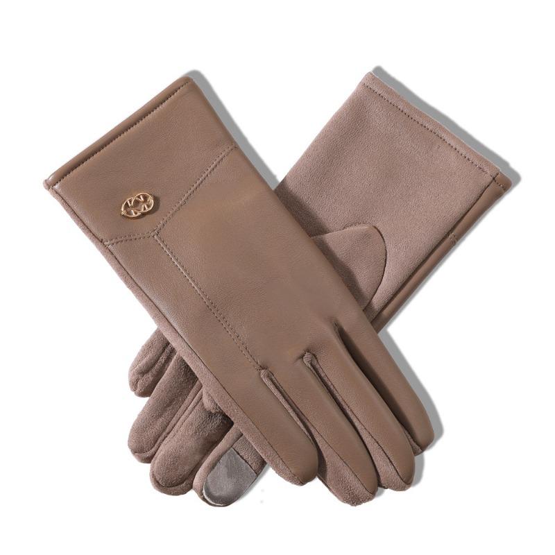 Warm leather gloves women cute velvet winter thickened outdoor riding windproof and cold driving touch screen gloves