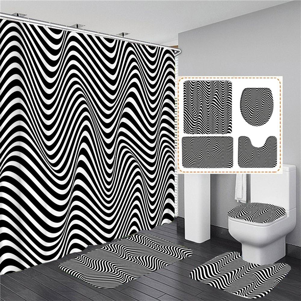Black White Geometric Stereoscopic Fabric Shower Curtain Bathroom Curtains Set Anti-Skid Rugs Toilet Lid Cover Bath Mat Carpet