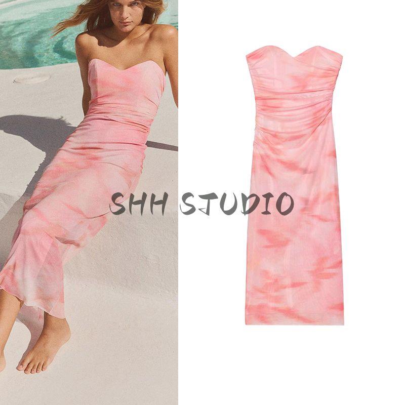 Spring New Women's Clothing Heart-Shaped Collar Ruched Decorative Blooming Print Silk Net Tube Top Dress 3152353