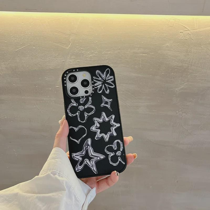 Matte Black Magnetic Metal Floral Graffiti Case for Apple iPhone 14, 15 Pro, 16 Pro Max