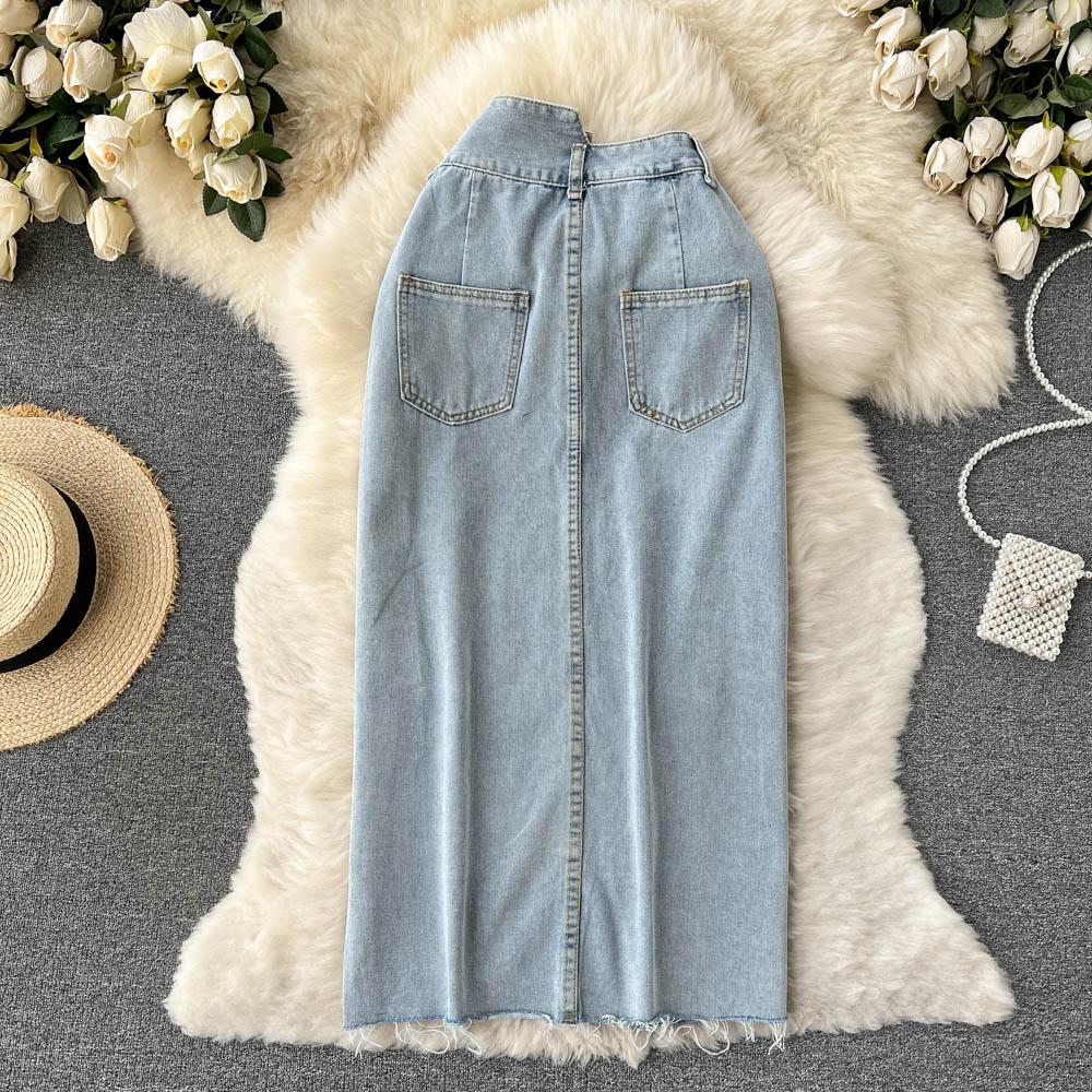 Rudod High Waist Denim Skirt Women's Spring And Summer Design Sense Medium Long Irregular Split A-Shaped Hip Wrap Skirt Trend
